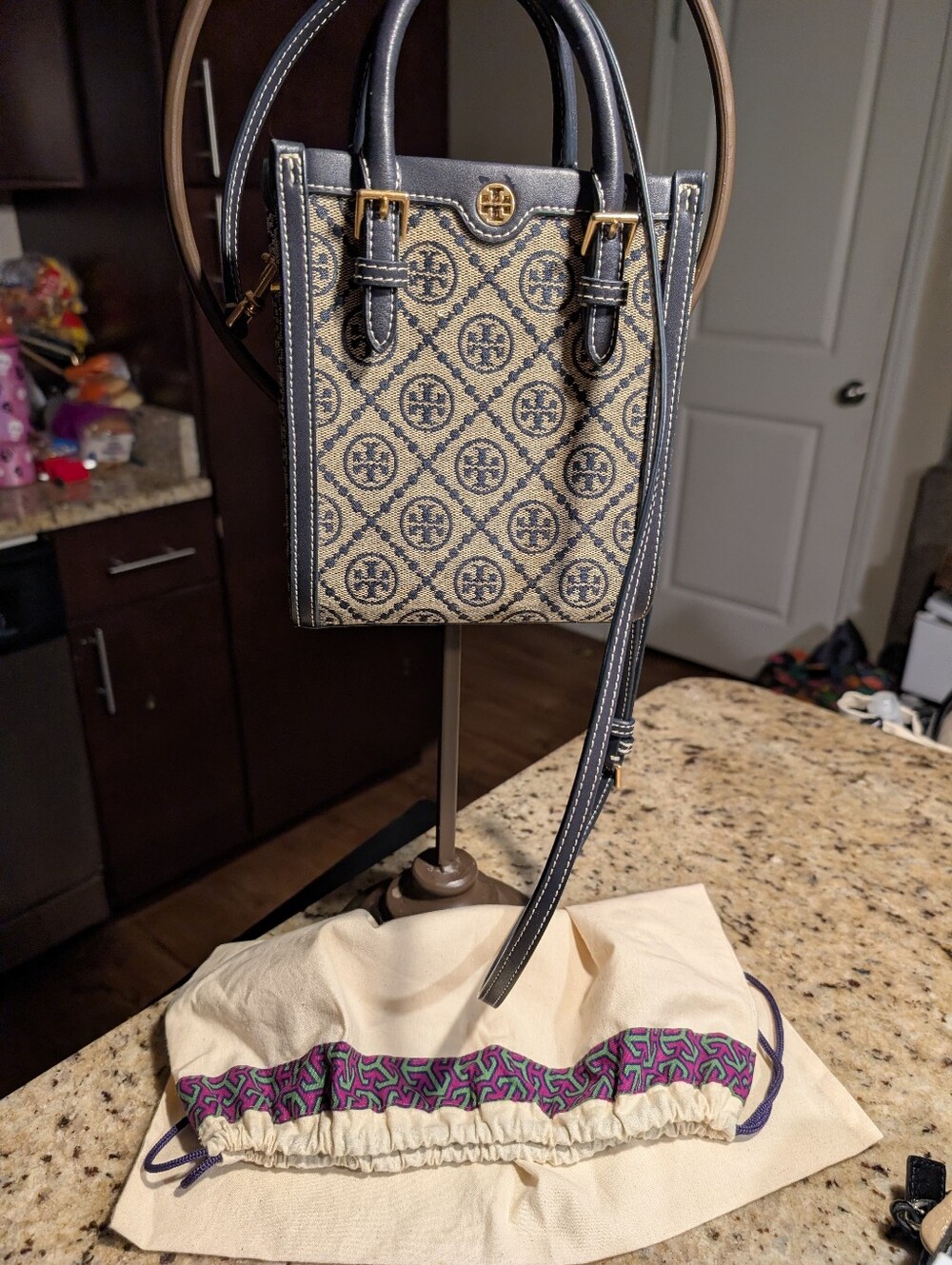 Tory Burch Mini Jacquard Navy Tote Crossbody Bag Dust Bag